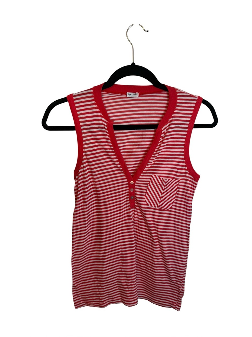 Splendid Red and White Striped Henley Pocket Tank